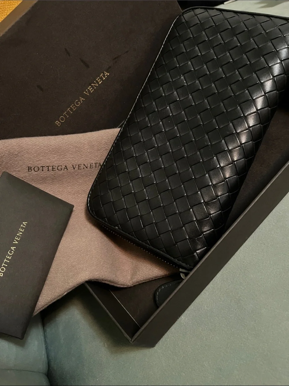 Bottega Veneta Black Intrecciato Zip Around Wallet
